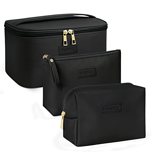 MAANGE Makeup Bag - Large Cosmetic Bag with 2pcs Small Makeup Bags Portable Leather Travel Makeup Bag Set Toiletry Bag Make Up Bags for Women and Girls, Black, 10.3''*7.1''*4.8'', Makeup Bag Set