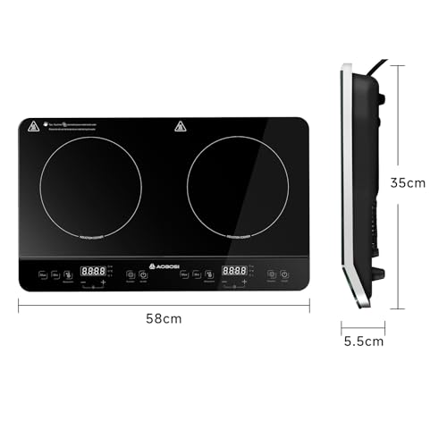Aobosi Double Induction hob,Induction Cooker with Portable Black Glass Plate, Independent Control,One-click Max and Min Power Control 2800W,20 Temperature Setting[Upgrade],Safety Lock,4-Hour Timer