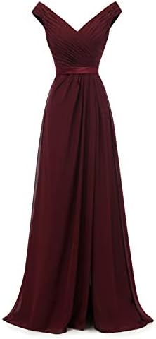 AlfaBridal Off Shoulder V-Neck Long Chiffon Bridesmaid Wedding Evening Dress