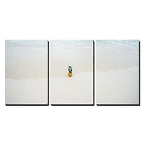 3 Piece Canvas Wall Art - Pineapple on The Beach with Clear Waves and White Find Sand - Modern Home Art Stretched and Framed Ready to Hang - 16"x24"x3 Panels