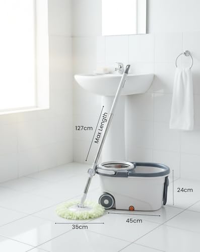 Spin Mop & Bucket Set - 360° Self-Wringing System with Wheels, Stainless Steel Handle - Hands-Free Floor Cleaning for Hardwood, Tile, Laminate - Includes 3 Washable Microfiber Mop Head Refills