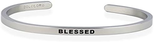 Dolceoro Blessed - Motivational Inspirational Mantra Cuff Band Bracelet, 3mm Wide Shiny 316L Surgical Stainless Steel