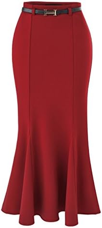 YITL Women's Elegant High Waist Fishtail Mermaid Bodycon Pencil Long Skirt With Belt Red S