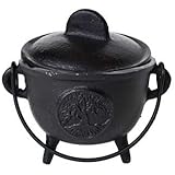AzureGreen Home Fragrance Incense Holder Cauldrons Tree of Life Cast Iron Three Legged with Handle and Lid 5"