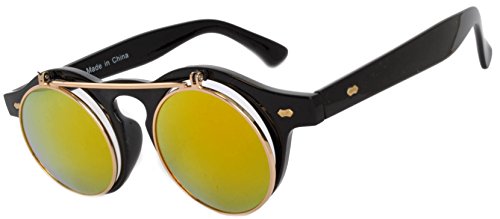 Steampunk Retro Gothic Vintage Hippie Colored Metal Round Circle Frame Sunglasses Colored Lens OWL (FlipUP_C10_Blk_Yell_Mirror, PC Lens)
