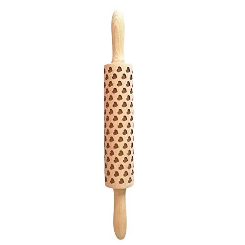 Christmas Wooden Rolling Pins Tpingfe Engraved Carved Wood Embossed Embossing Rolling Pin Kitchen Tool with Christmas Symbols for Baking Embossed Cookies (heart 38cm) - Thumbnail 2