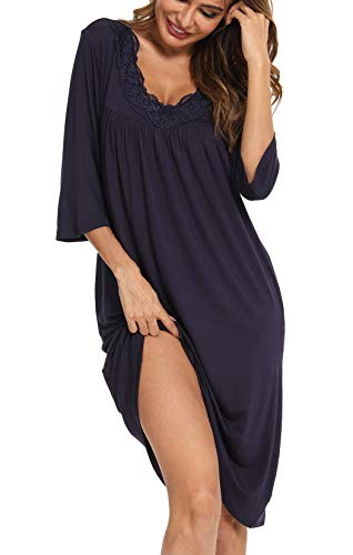 YYA Womens Sleepwear, Lace V Neck Soft Pleated Sleepwear for Women 3/4 Sleeve Navy S