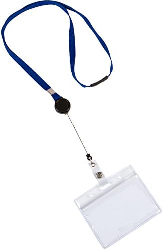 Lovely Lanyards Pack of 5 All-in-one Neck Lanyard Strap with Retractable Reel, Breakaway Clasp, &amp; Clear Plastic Horizontal ID Badge Holder (Blue)
