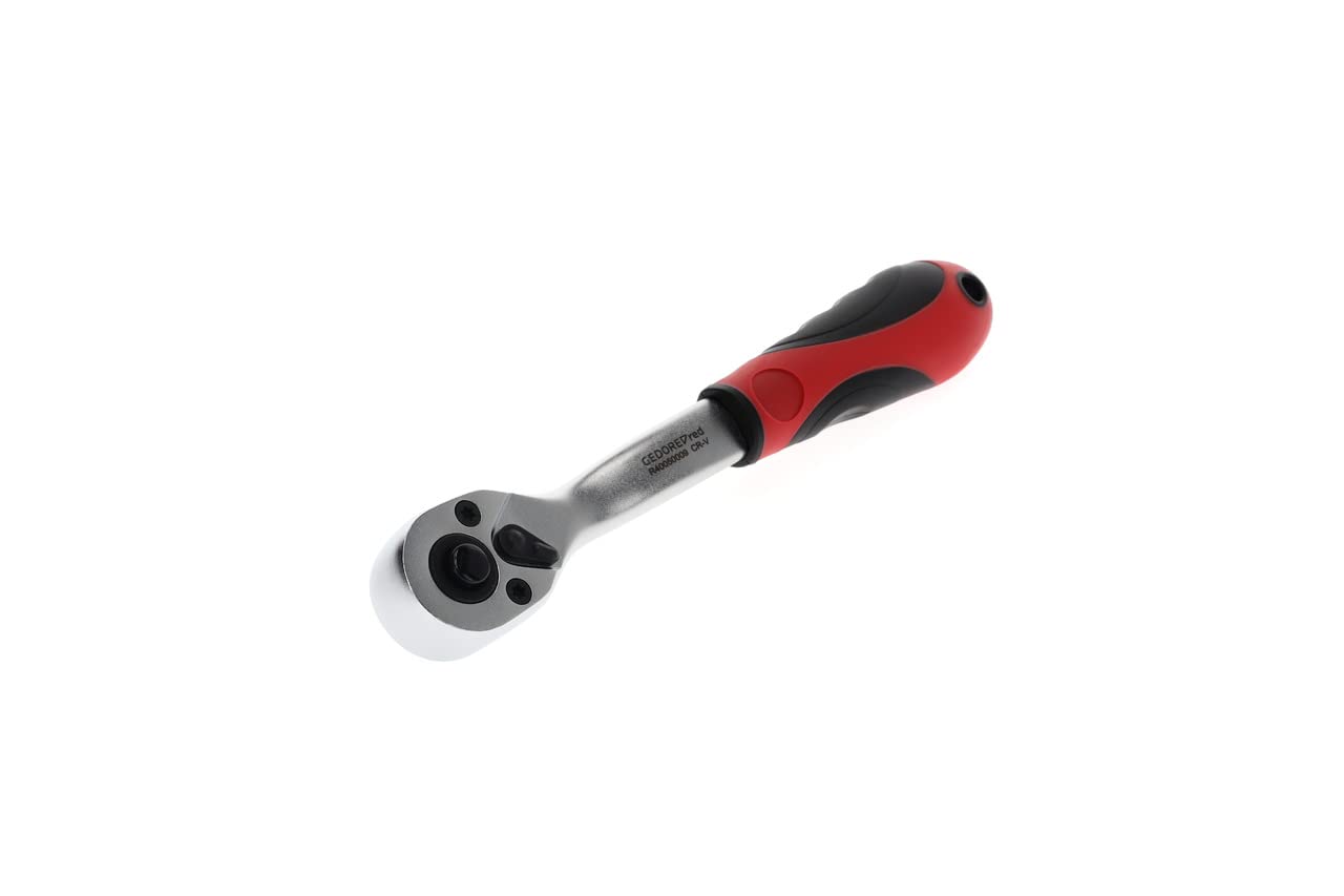GEDORE Red Cranked Lever Reversible Ratchet with Ergonomic 2K Handle, Push Button Release, Coarse Toothed with 36 Teeth, 1/4 Inch, Steel Tube, Red/Black