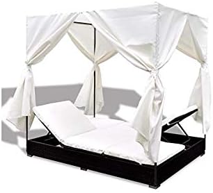 Amazon De Outdoor Tag Einem Baldachin Garten Rattan Rattan Mobel Terrasse Sonnenliege Schwarz Sofa 2 Sitzer Ausserhalb Deck Yard Seat Wetterfeste Doppel Stuhl Weiss Vorhange Bequemem Kissen Himmelhalter Metall Rahmen