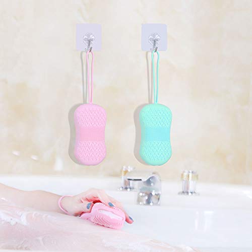 Hatsutec Silicone Shower Body Scrubber Bath Brush with Natural Sponge, Double-Sided for Dry and Wet Brushing, Gentle Exfoliation and Deep Cleanse for Smooth Soft Skin, Lathers Well (Pink)