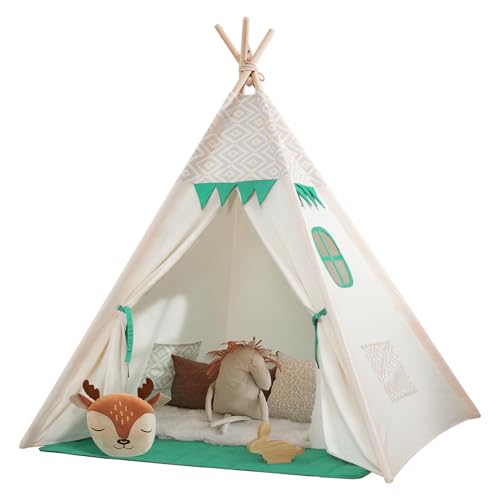 besrey Kids Play Tent Indian Canvas Teepee Cotton with Padded Mat and Fairy Lights (Green and White)