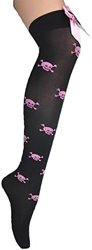 Fishnet Women's Stockings Skull Mesh See Thigh Hi Black Lace Tights Pantyhose Legging (Skull-Pink)