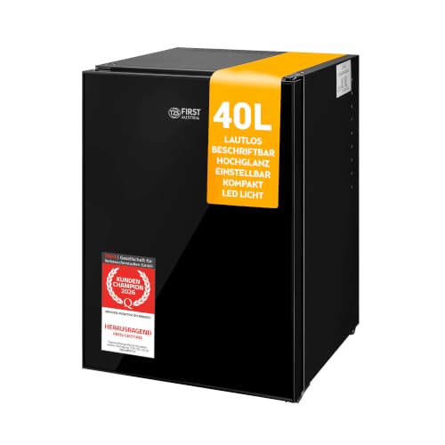 TZS First Austria - Mini Kühlschrank 40L lautlos - Kleiner Minikühlschrank wechselbarer Türanschlag & Innenbeleuchtung - Minibar für Camping, Büro, Schlafzimmer