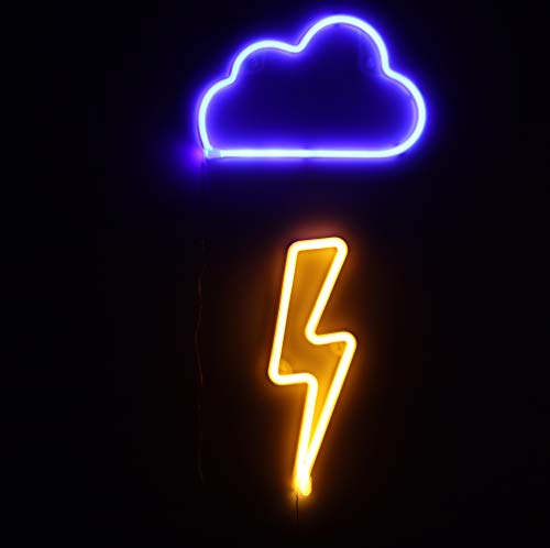Neon Signs 2 Packs Blue Cloud+Warm White Lightning Bolt Battery and USB Powered Wall Art LED Decorative Night Lights for Bedroom Kids’ Gifts(CLDB+LNB)