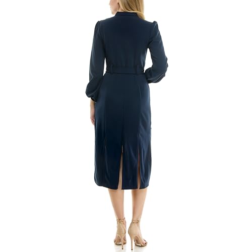 MAISON TARA WOMEN’S LONG SLEEVE V-NECK BELTED CAR WASH HEM SHEATH DRESS, NAVY