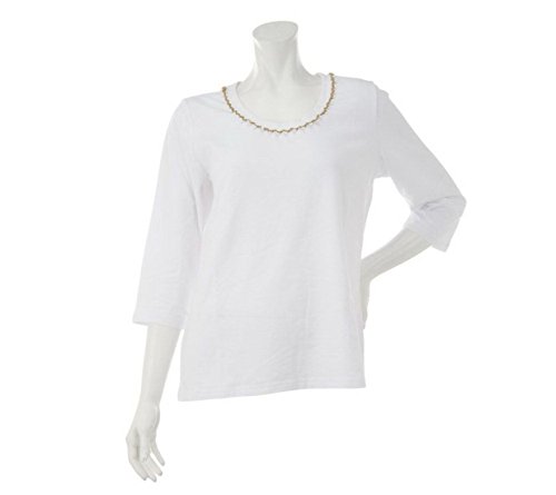 Denim & CO 3/4 Slv Style Scoop Neck Top Beaded Trim Neckline White S New A231862
