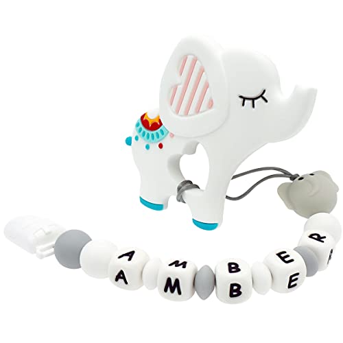 Personalized Stroller Clip with Name, Customized Gift (White Elephant)