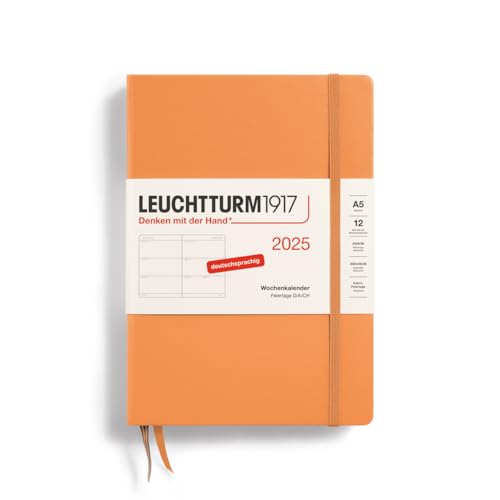 LEUCHTTURM1917 370544 Agenda semanal 2025, tamaño mediano A5, tapa dura, planificador de 12 meses, 80 g, a rayas, color albaricoque