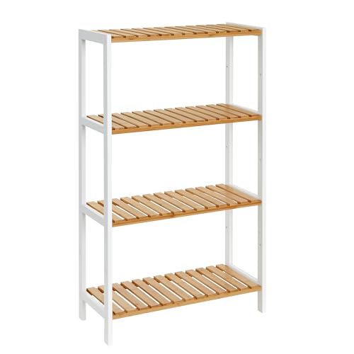 SONGMICS Badezimmerregal, Badregal, Küchenregal, Schuhregal mit 4 Ebenen, Standregal aus Bambus, 26 x 60 x 100 cm, für Bad, Wohnzimmer, Flur, Küche, wolkenweiß-