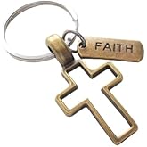 Bronze Cross Keychain with Faith Tag Charm, Religious Keychain