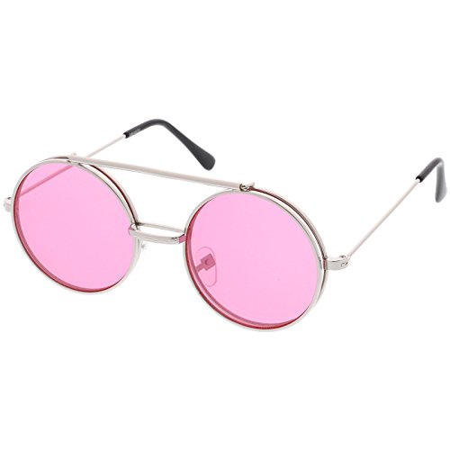 zeroUV - Mid Size Flip-Up Colored Lens Round Django Sunglasses 49mm (Silver / Pink)