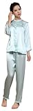 GPUFashion 100% Silk Pajama Set Womens Green Embroidered Flowers Small