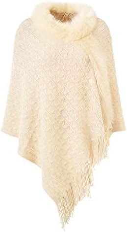 Ferand Women's Asymmetrical Knit Striped Poncho Sweater with Faux Fur Trim Collar