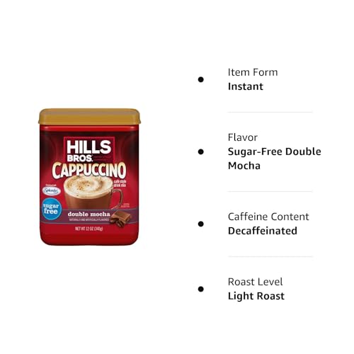 HILLS BROS. INSTANT CAPPUCCINO MIX, SUGAR FREE DOUBLE MOCHA (12 OZ, PACK OF 1) – CONVENIENT AND VERSATILE, INSTANT HOT OR ICED COFFEE, FROTHY & RICH CHOCOLATE FLAVOR – JUST ADD WATER