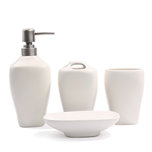 Ceramic Bathroom Accessory Set-Minigift 4 piece White Matt Glaze Ceramic Soap Dish, Soap Dispenser, Toothbrush Holder & Tumbler Bathroom Set