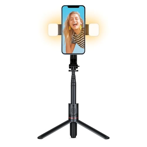 Bastão Pau de Selfie Tripé para Celular com iluminação Bluetooth Controle Remoto Portátil Retrátil para iOS e Android (Preto) H'MASTON