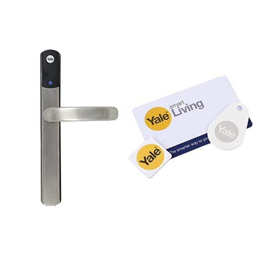 Yale Conexis L1 Smart Keyless Door Handle for Home Security, Remote Lock/Unlock, App Control, Satin Chrome Finish [BSI Approved] + Add-on Phone Tag, White Key Card & Key Tag Accessory Bundle