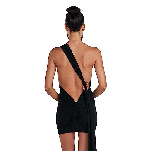 ABYOVRT Women Sexy Backless Dress Bodycon Sleeveless Open Back Ruched Mini Dress Going Out Elegant Party Cocktail Dresses (B-Black, S)