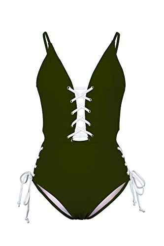 Almaree Lace Up Swimsuit for Women V Neck Criss Cross Cutout 1 Piece Swimwear Green M