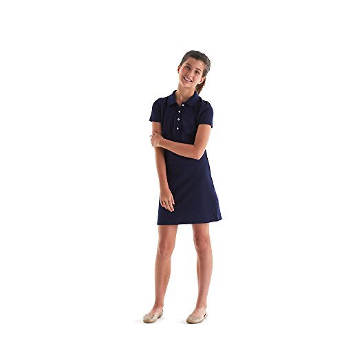 French Toast Girls' Big Short Sleeve Ruffle Placket Polo Dress, Navy, L (10/12)