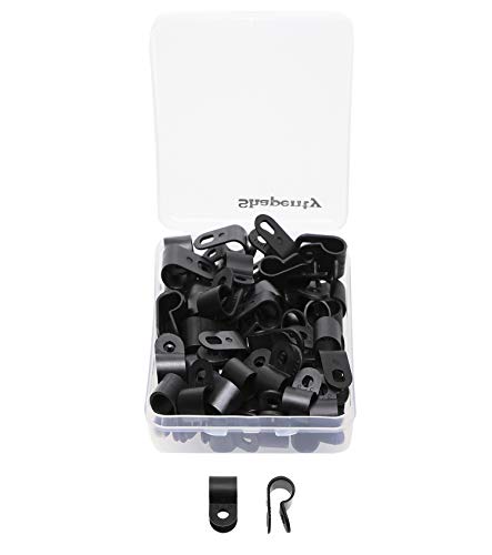 Shapenty Black Nylon Screw Mounting R Type Cable Clamp Fastener Plastic Wires Cord Clip Fixer Holder Organizer for 3/8 Inch /9.5mm Diameter Wire Rope Tube Management, 60Pieces/Box