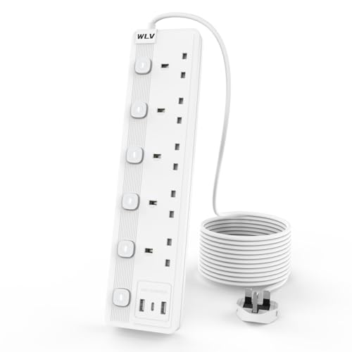 WLV Extension Lead 3M, 5 Plug Extension Lead with 3 USB Slots, Plug Extension Socket with Individually Switch, White Wall Mounted Power Strip for Dorm, Kitchen, Living Room, Bedroom