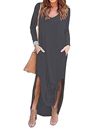 GRECERELLE Vestido largo de bolsillo holgado informal para mujer Vestidos largos de manga larga con abertura