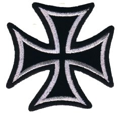 3" Silver On Black Motorcycle Maltese Iron Cross Novelty Iron On Patch Applique