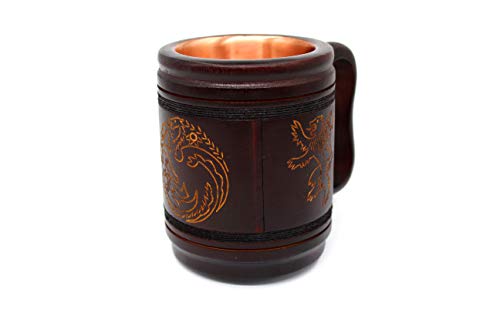 5MoonSun5's Handmade wooden Beer Mug copper Cup Carved Natural Beer Stein Old-Fashioned Barrel Brown Vintage Bar accessories - Wood Carving Stark Targaryen and Lannister Beer Mug Tankard for Men 16oz - Thumbnail 5