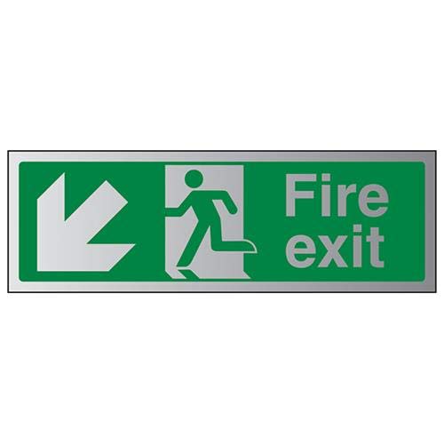 V Safety Fire Exit-Fire Exit Arrow Down Left Sign - 450mm x 150mm - 3mm Brushed Alu Comp — image 1