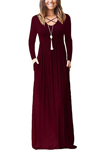 EZBELLE Women's Long Sleeve Maxi Dresses with Pockets Plain Loose Casual High Waisted Long Dresses Burgundy Small