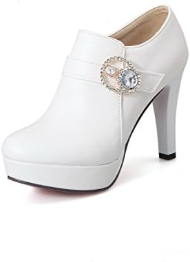 BalaMasa Ladies Glass Diamond Buckle Zipper White Imitated Leather Pumps-Shoes - 7.5 B(M) US