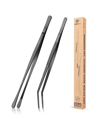 2 Pcs Kitchen Fine Tweezer Tongs, 12'' Stainless Steel Food Tweezers Set, Professional Black Kitchen Long Tweezer for Cooking, Repairing, Sea food and BBQ(BLACK)