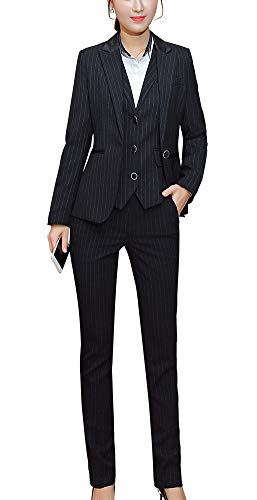 Women's Three Pieces Office Lady Stripe Blazer Business Suit Set Women Suits Work Skirt/Pant,Vest Jacket (BlackKZ-9006, M)