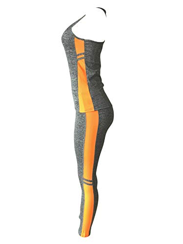 Women Sports Gym Yoga Workout Activewear Sets 2 Pieces Top+Leggings Set (M/L, Grey/Orange Touch) - Thumbnail 2