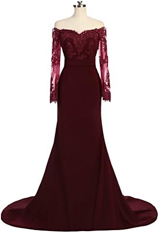 Fanny Womenns Off Shoulder Prom Dresss Cheap Chiffon Lace Applique Beads Sequins Backless Mermaid Evening Dress Burgundy 2