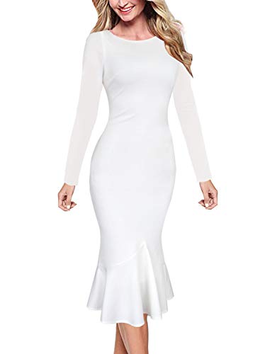 Photo 1 of VFSHOW Womens Off-White Ivory Spring Fall Winter Elegant Vintage Casual Cocktail Party Bodycon Pencil Mermaid Midi Mid-Calf Dress 3750 WHT XS