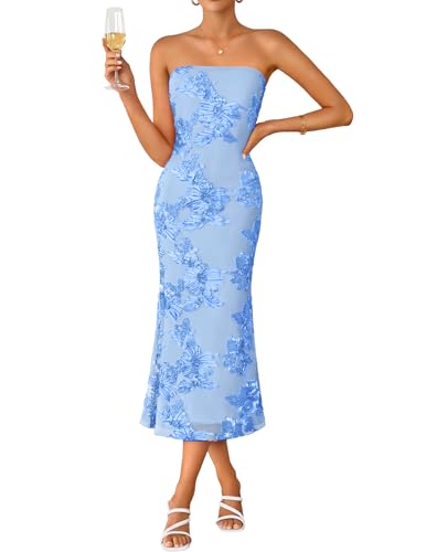 ZESICA Cocktail Wedding Guest Dresses for Women 2026 Summer Strapless Floral Bodycon Mesh Tube Formal Party Midi Dress