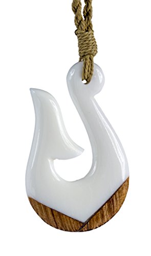 Hawaiian Bone Fish Hook Necklace with Wood Inlay